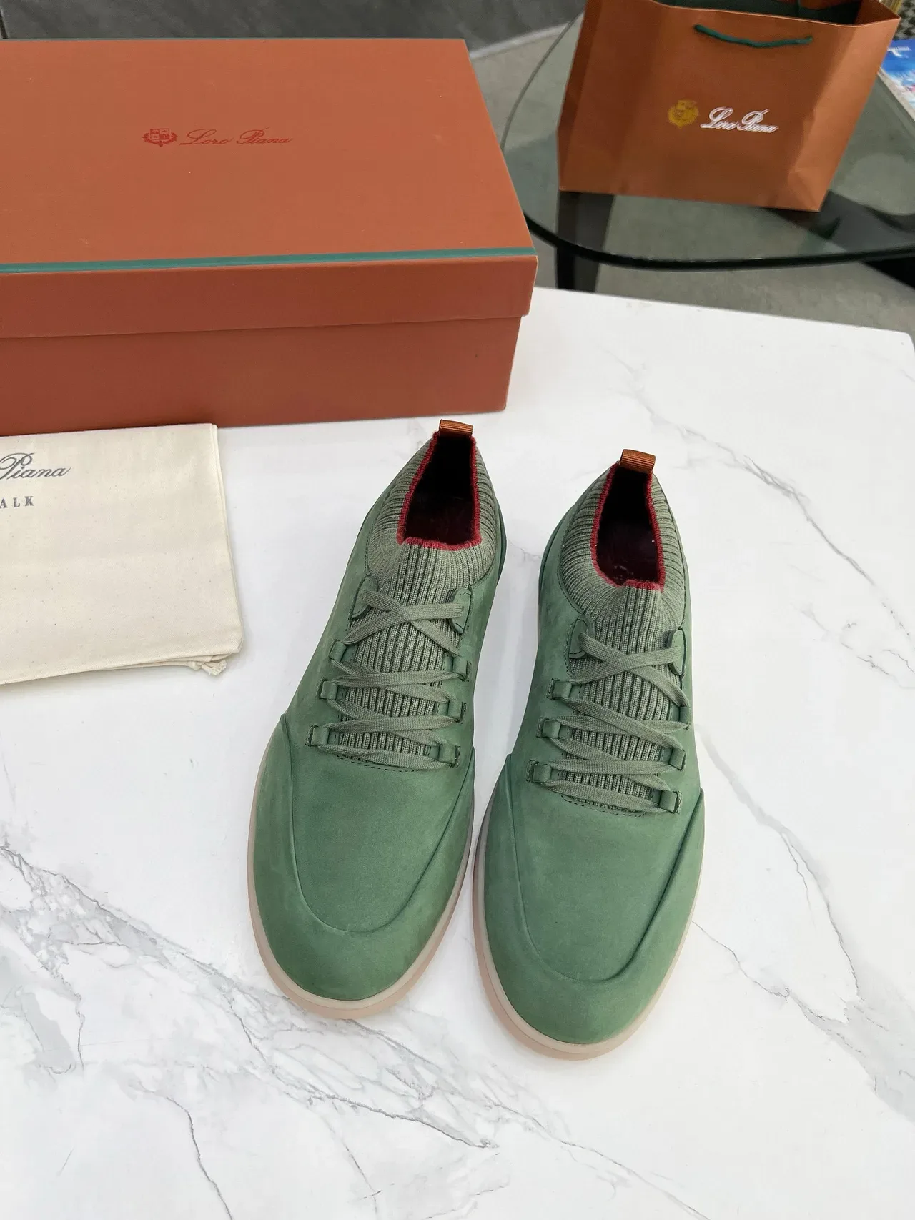 Green Suede Knit-Collar Low-Top Lifestyle Sneakers 4