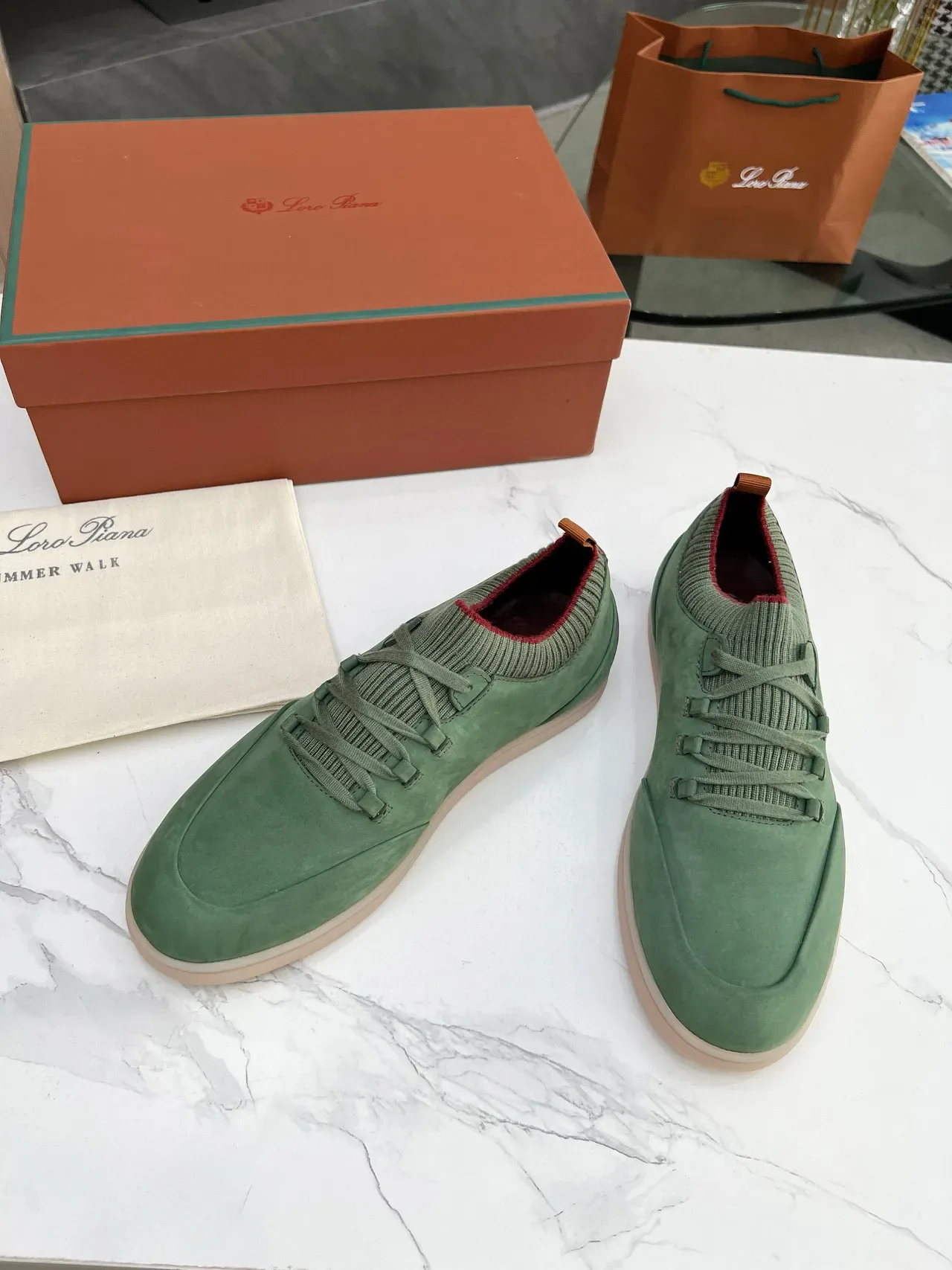 Green Suede Knit-Collar Low-Top Lifestyle Sneakers 5
