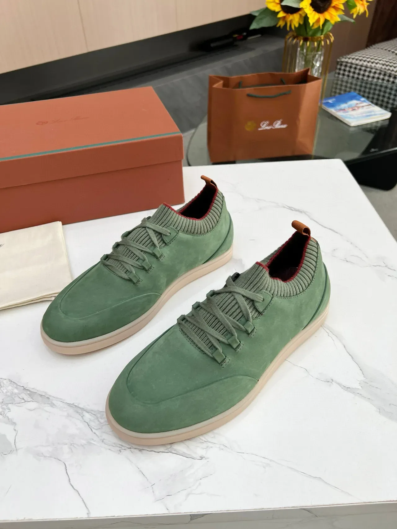 Green Suede Knit-Collar Low-Top Lifestyle Sneakers 6