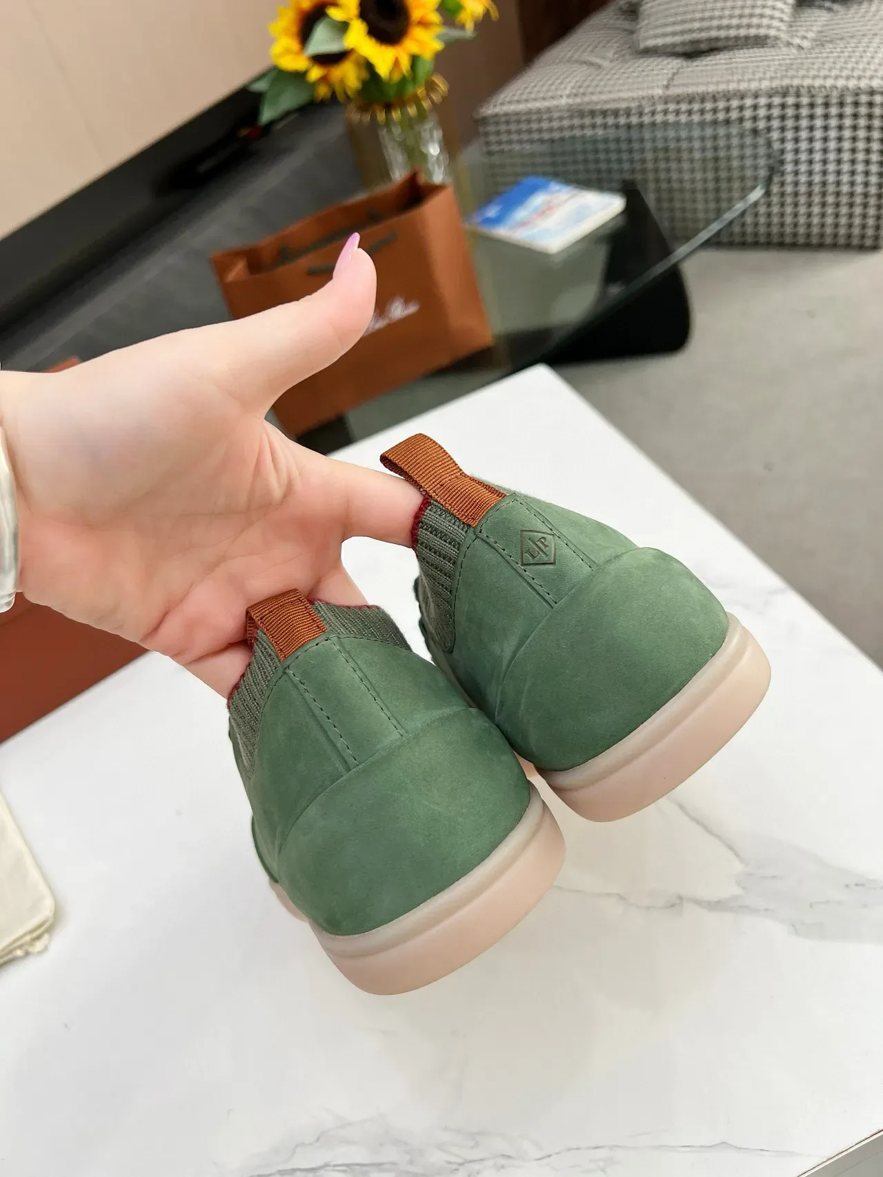 Green Suede Knit-Collar Low-Top Lifestyle Sneakers 7