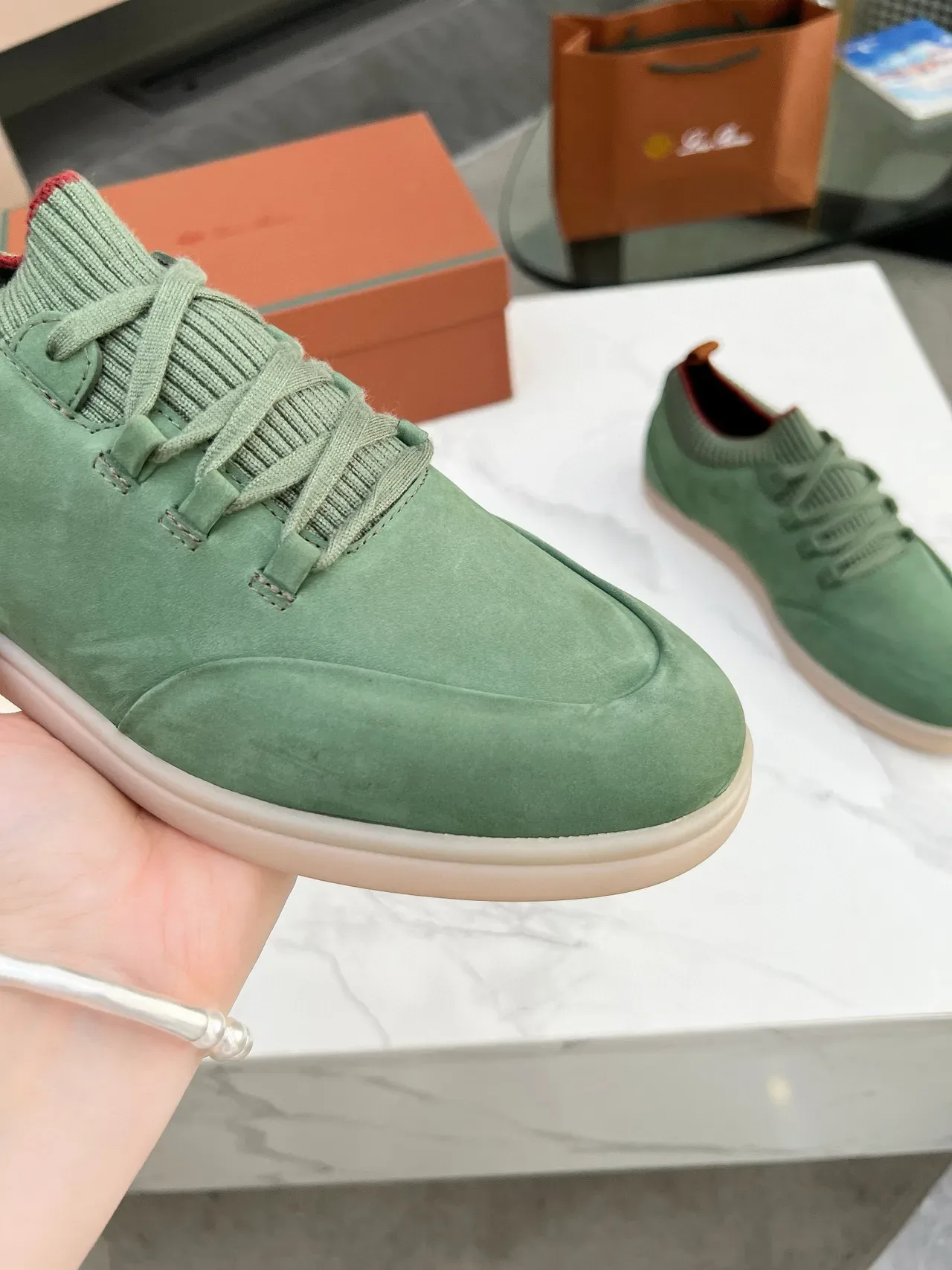 Green Suede Knit-Collar Low-Top Lifestyle Sneakers 8