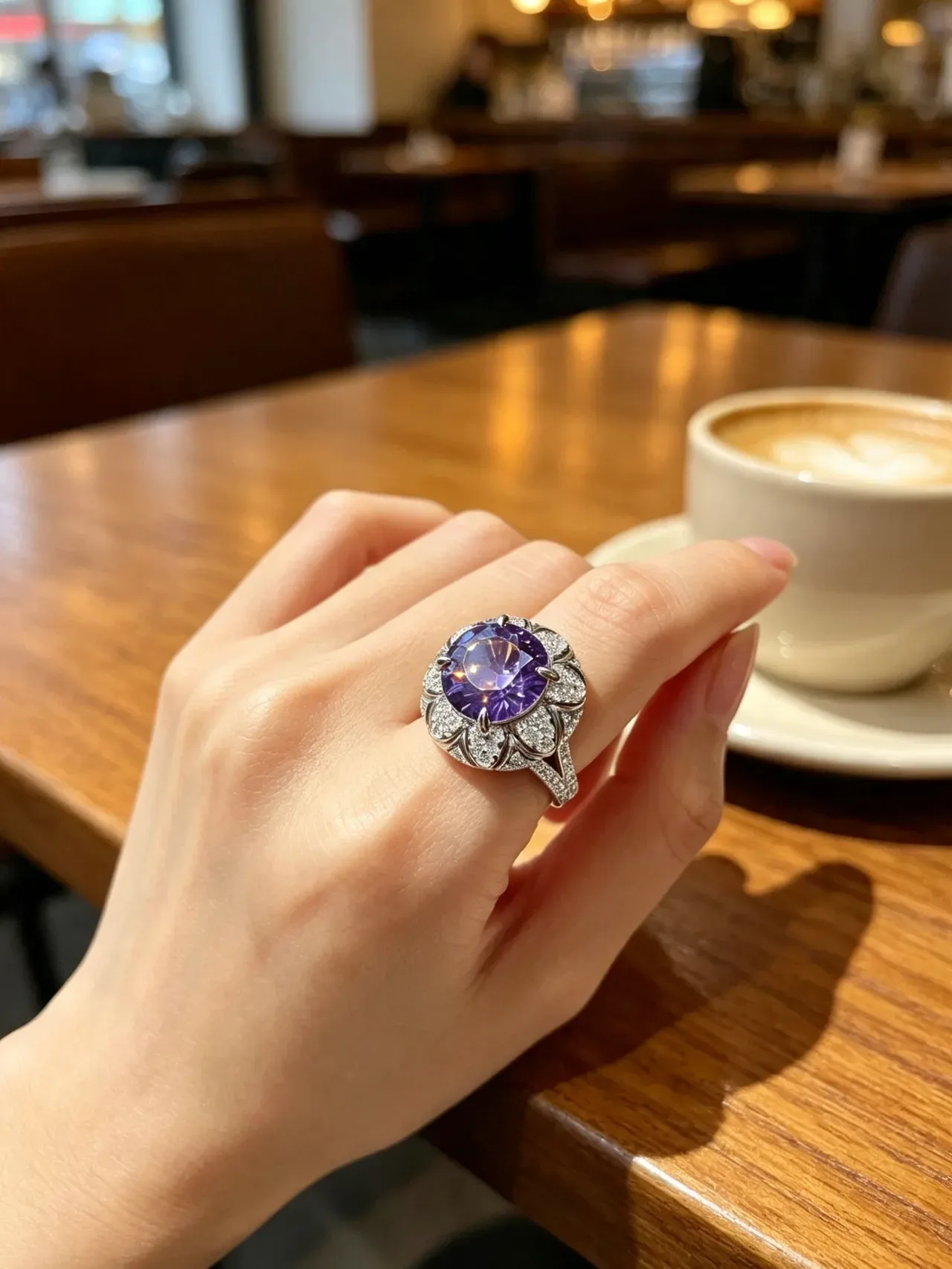 Halo-Set Floral Bezels Purple-Blue Iridescent Center Stone Ring 2