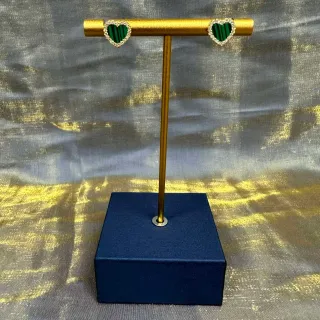 Heart-Shaped Malachite and Crystal Stud Earrings