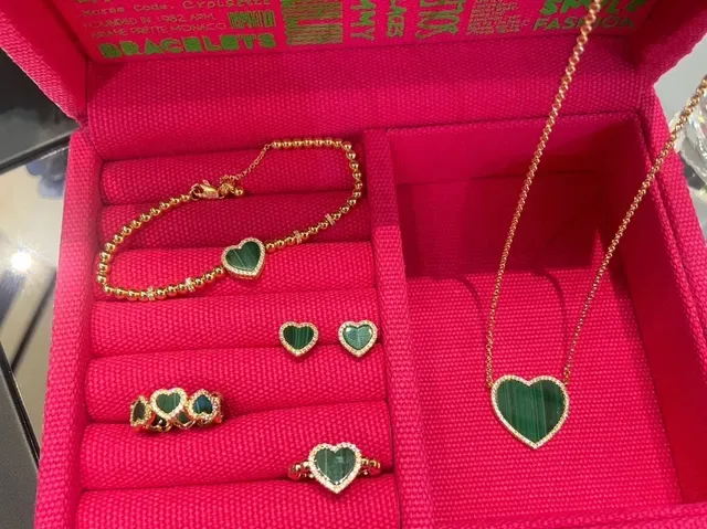 Heart-Shaped Malachite and Crystal Stud Earrings 2