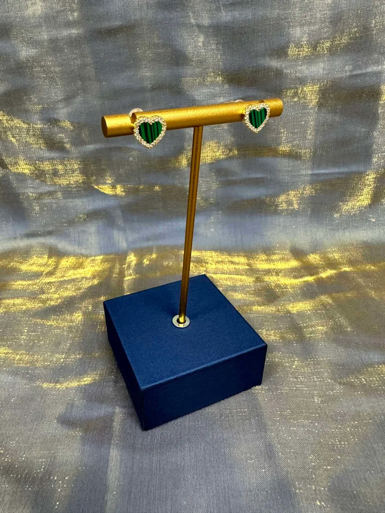 Heart-Shaped Malachite and Crystal Stud Earrings 9