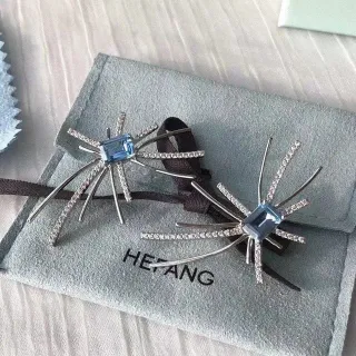 HEFANG Blue Silver Spider-Shaped Crystal-Embellished Earrings