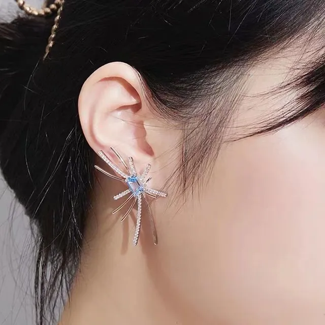 HEFANG Blue Silver Spider-Shaped Crystal-Embellished Earrings 3