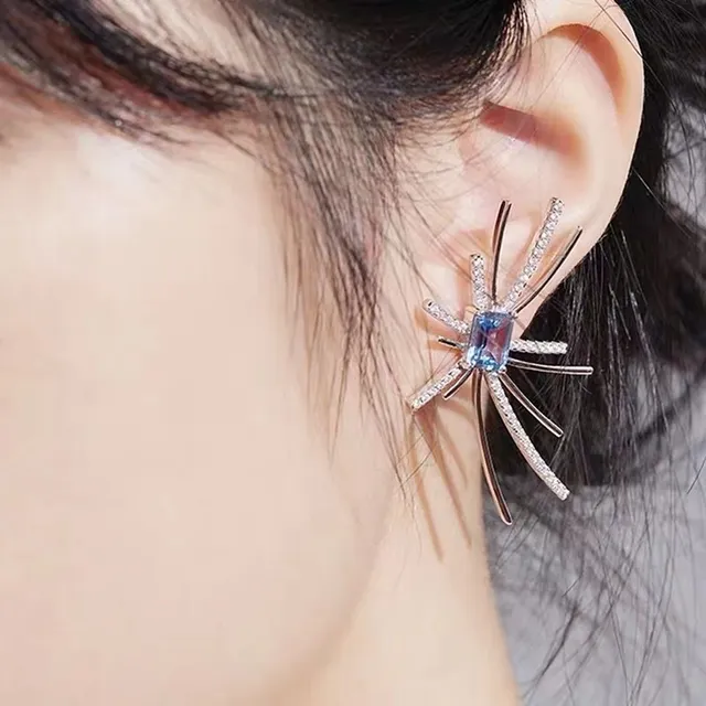 HEFANG Blue Silver Spider-Shaped Crystal-Embellished Earrings 4