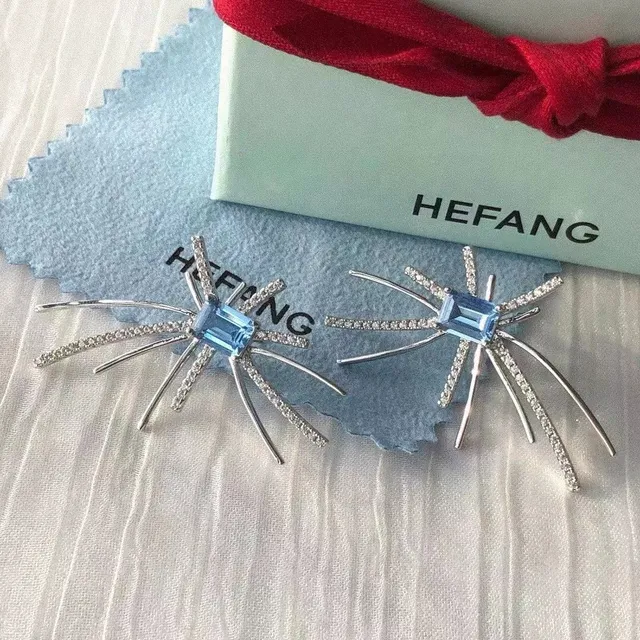 HEFANG Blue Silver Spider-Shaped Crystal-Embellished Earrings 5