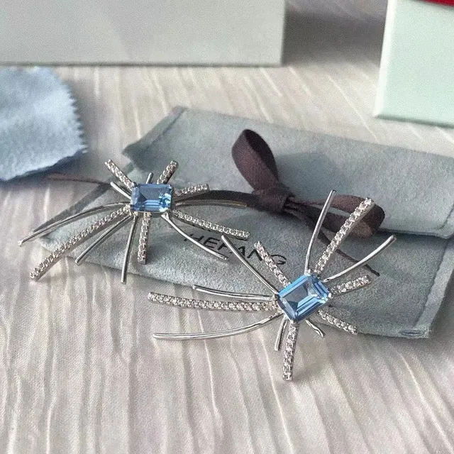 HEFANG Blue Silver Spider-Shaped Crystal-Embellished Earrings 6