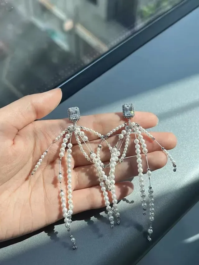 HEFANG Dangling Multi-Strand Pearl and Crystal Earrings 4