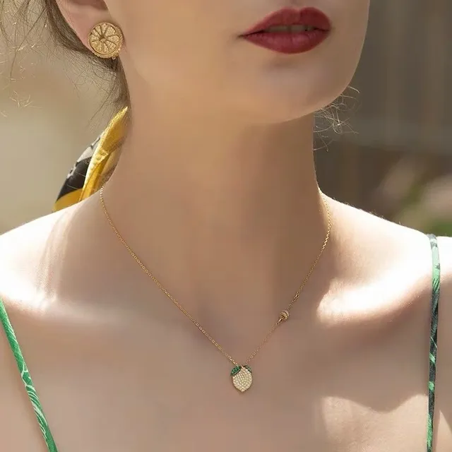 HEFANG Gold Green Pavé-Set Fruit Pendant Chain Necklace 5