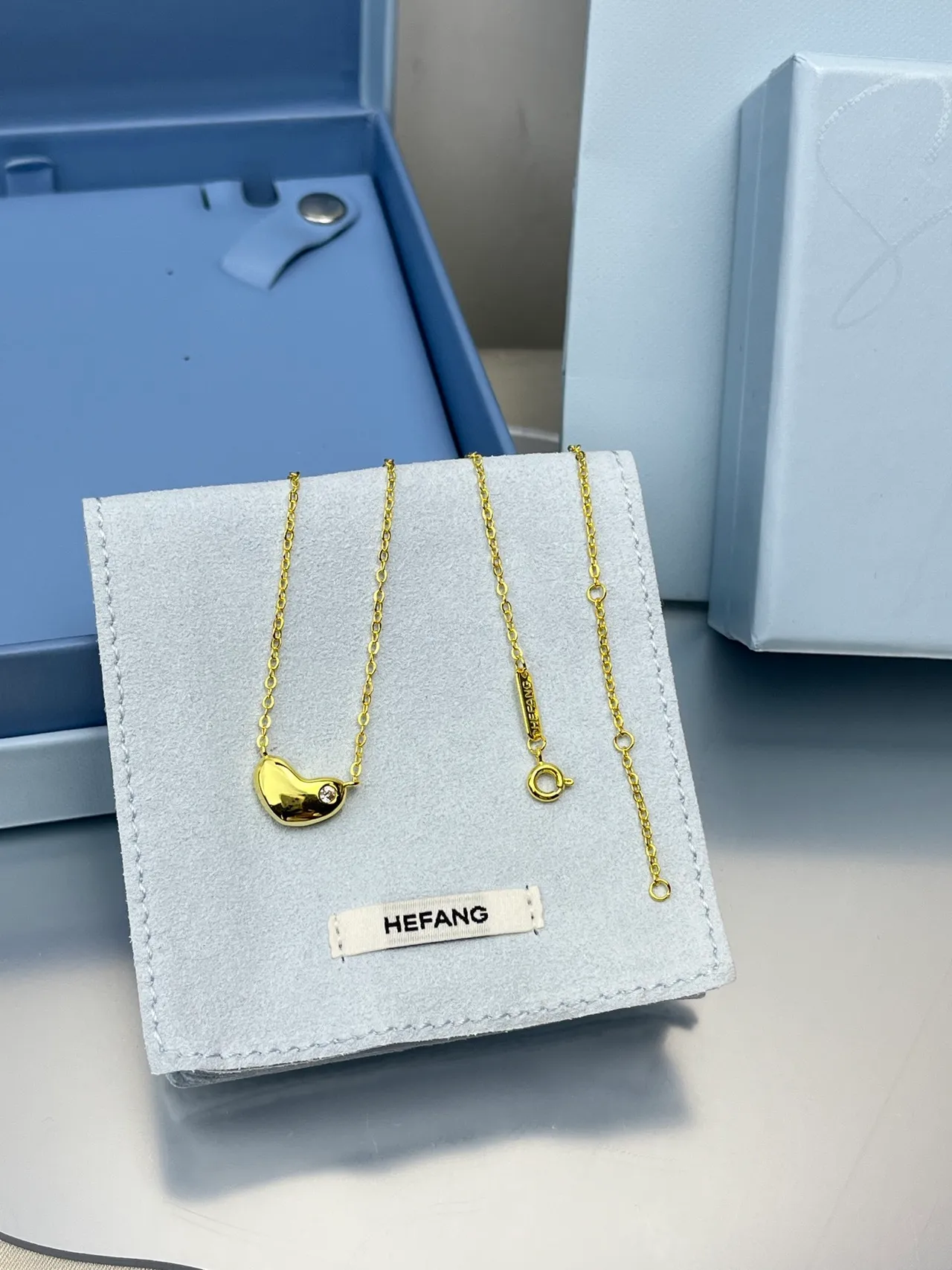 HEFANG Gold Silver Heart-Shaped Pendant Single Bezel-Set Gemstone Necklace 7