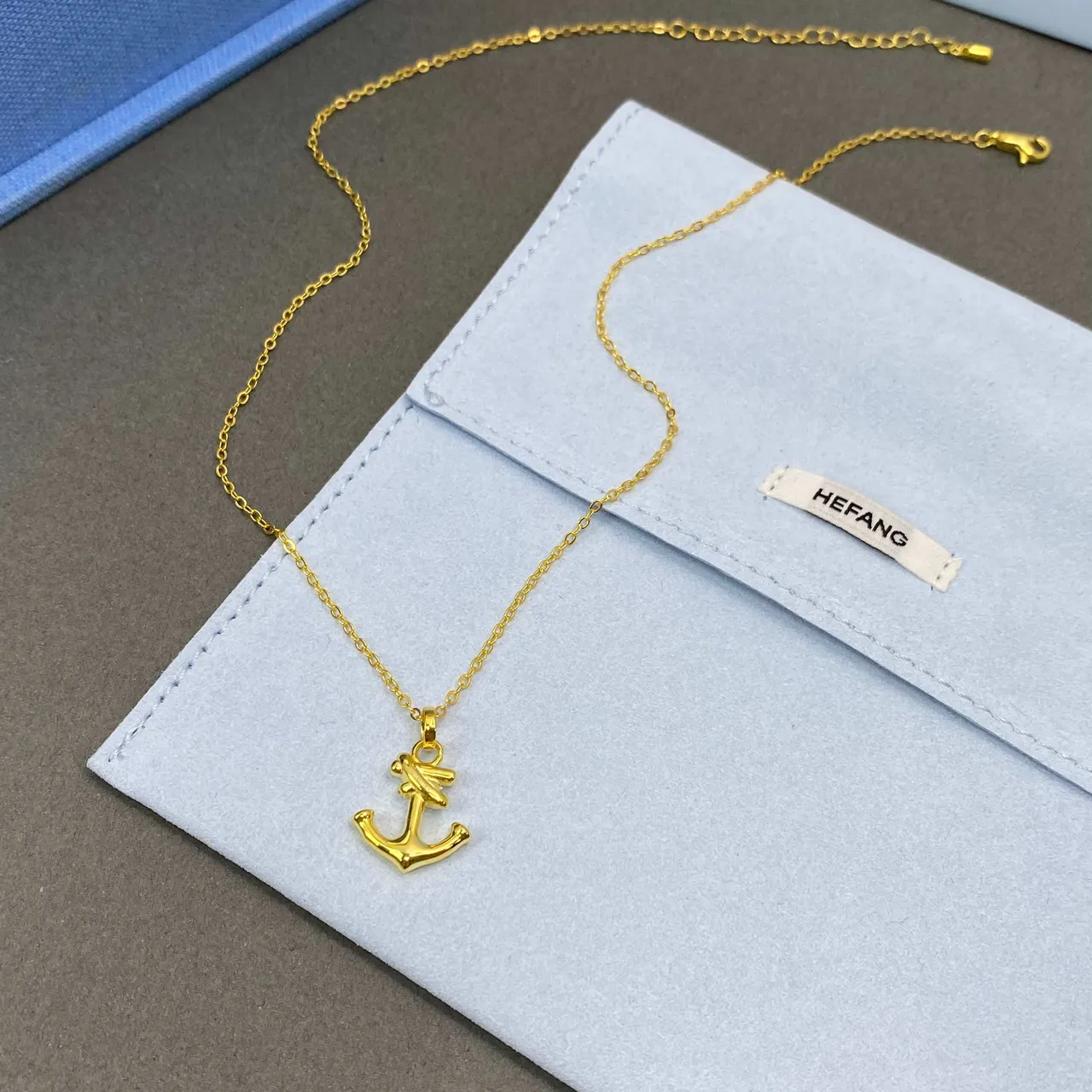 HEFANG Gold White Anchor Pendant Pavé-Set Stone Detail Necklace 4