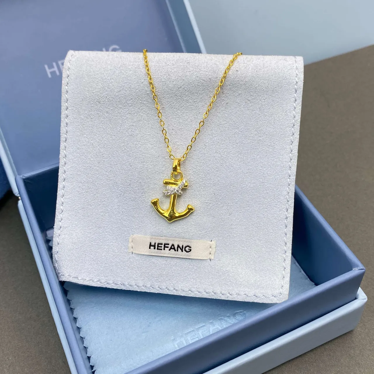 HEFANG Gold White Anchor Pendant Pavé-Set Stone Detail Necklace 5