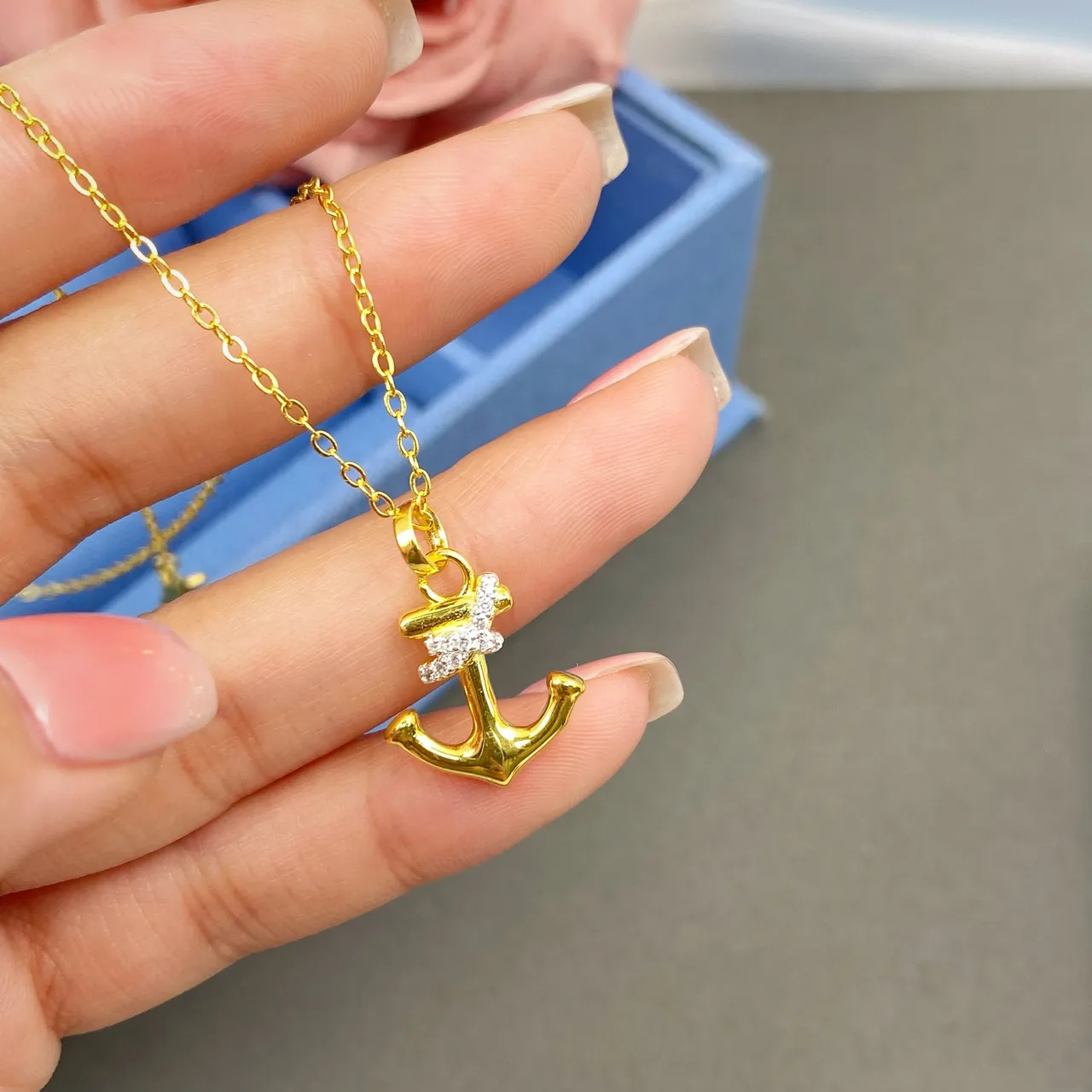 HEFANG Gold White Anchor Pendant Pavé-Set Stone Detail Necklace 6