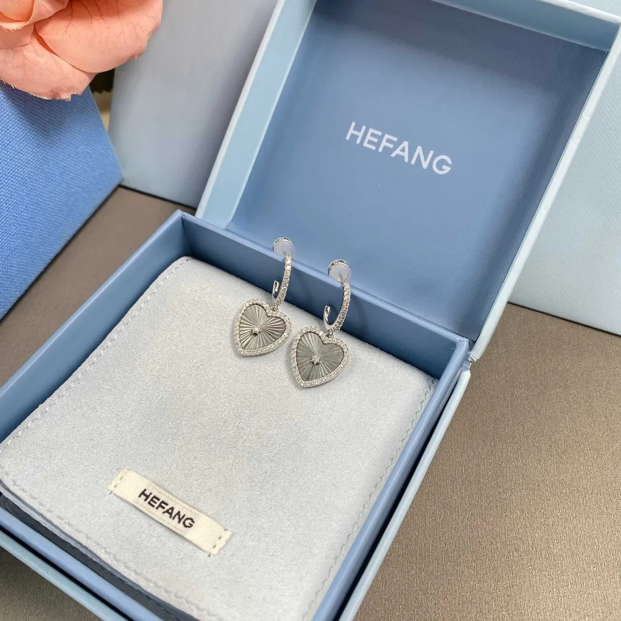 HEFANG Heart-Shaped Pavé Mother-of-Pearl Dangling Earrings 4