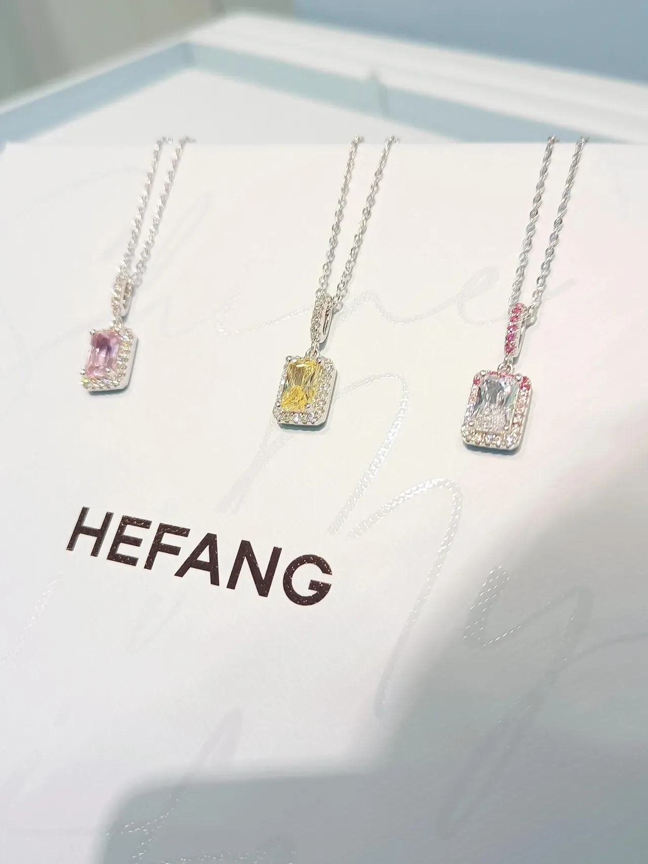 HEFANG Multicolor Silver Rectangular Emerald-Cut Central Stone Pavé Halo Setting Necklace 1
