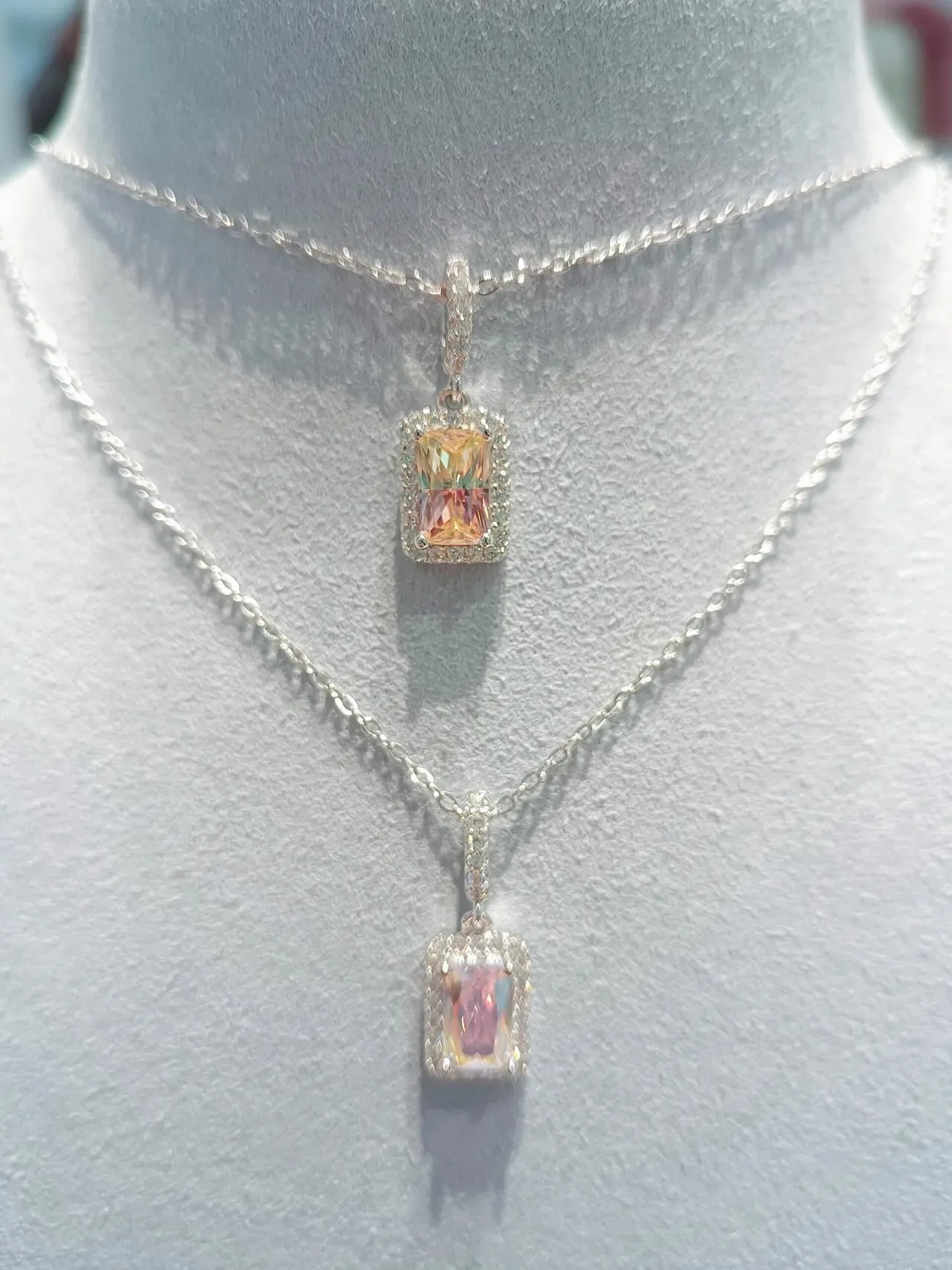 HEFANG Multicolor Silver Rectangular Emerald-Cut Central Stone Pavé Halo Setting Necklace 2