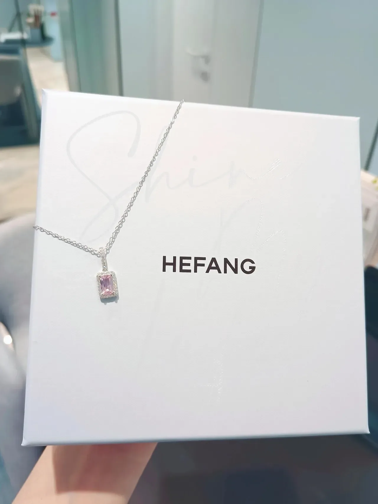 HEFANG Multicolor Silver Rectangular Emerald-Cut Central Stone Pavé Halo Setting Necklace 6