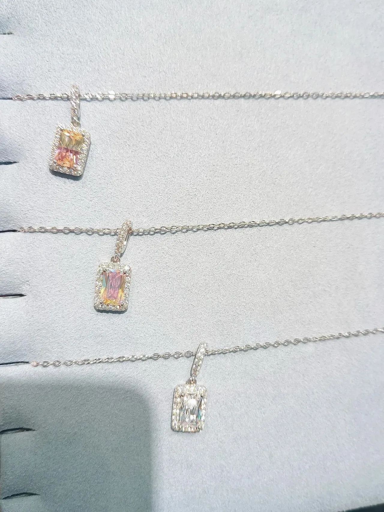 HEFANG Multicolor Silver Rectangular Emerald-Cut Central Stone Pavé Halo Setting Necklace 7