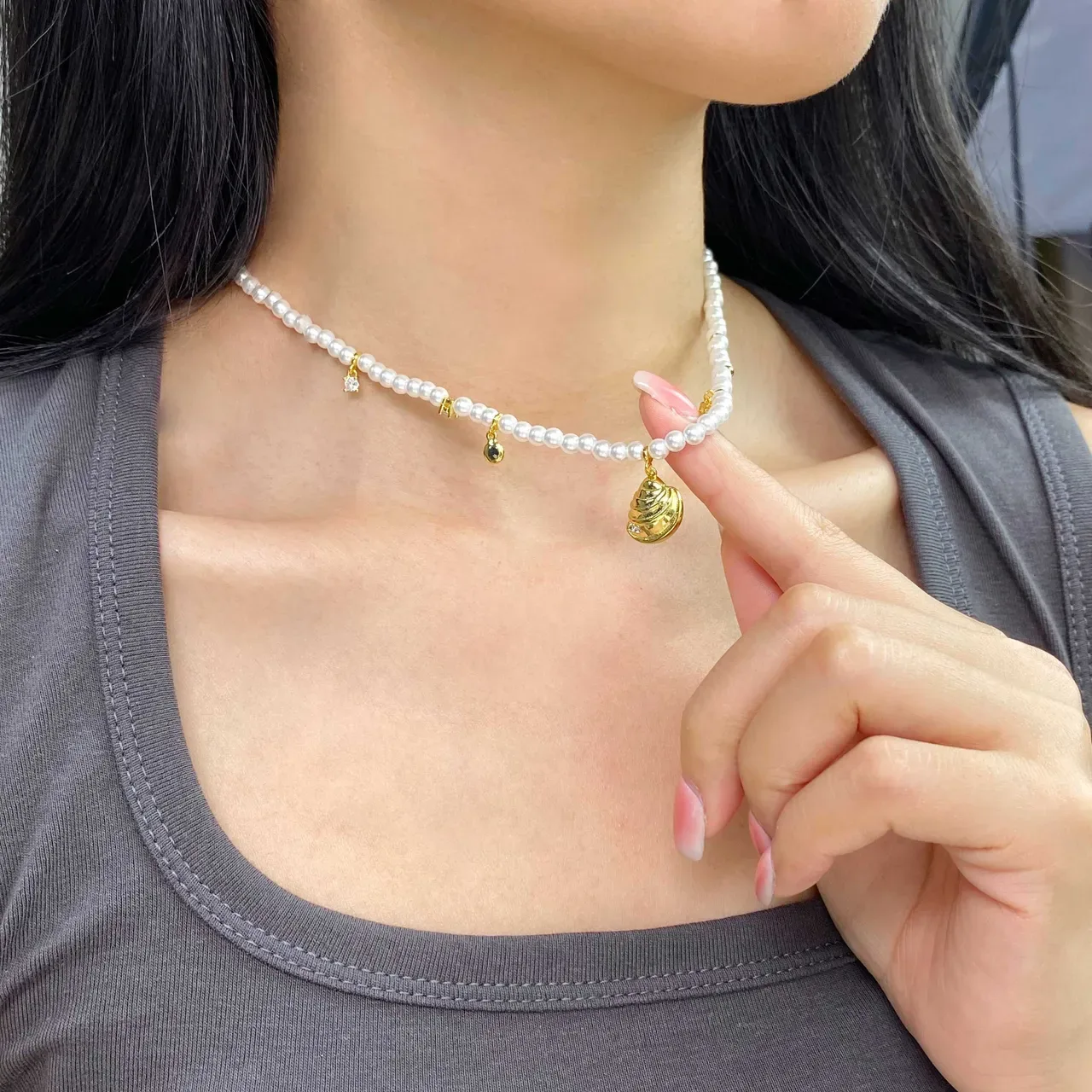 HEFANG White Gold Pearl Strand Charms Necklace 2
