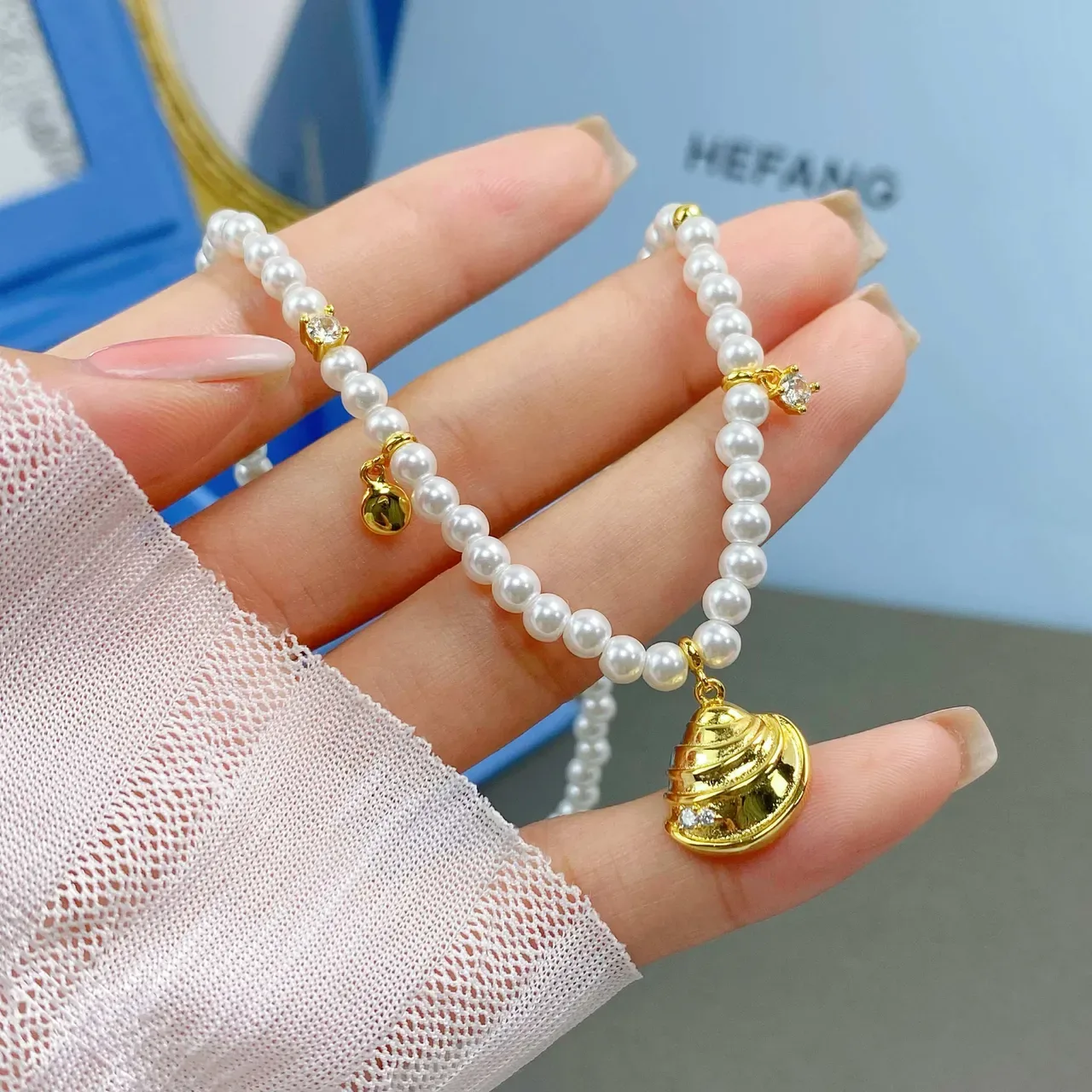 HEFANG White Gold Pearl Strand Charms Necklace 7