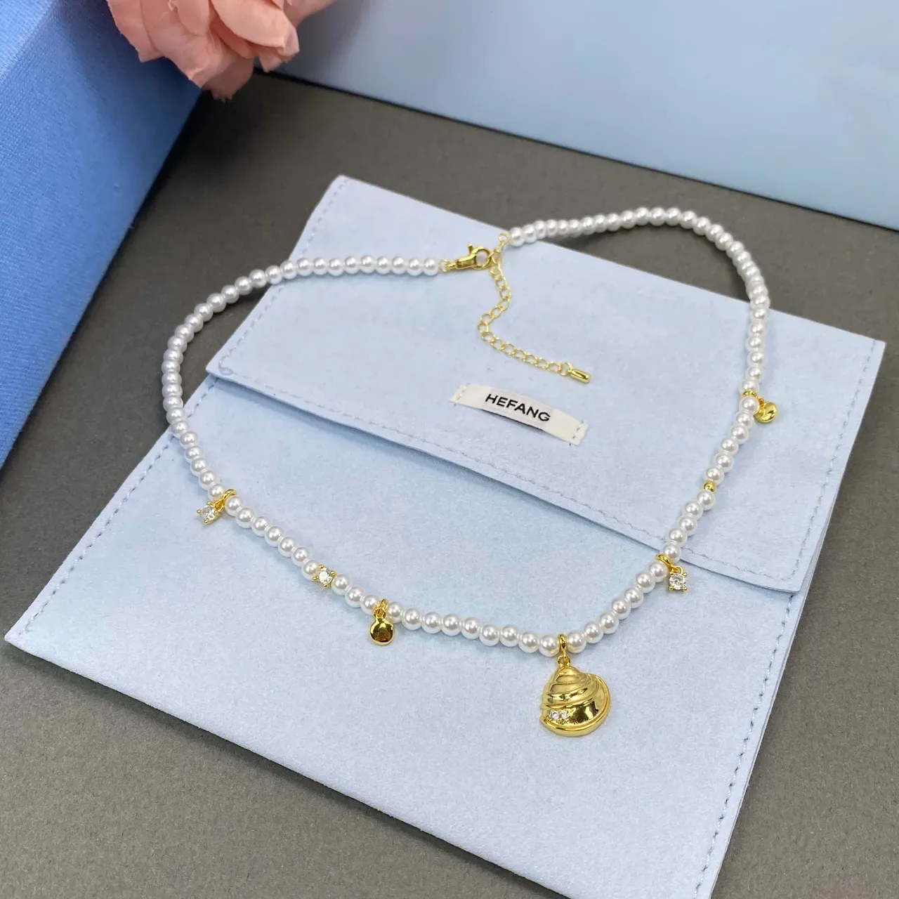 HEFANG White Gold Pearl Strand Charms Necklace 8
