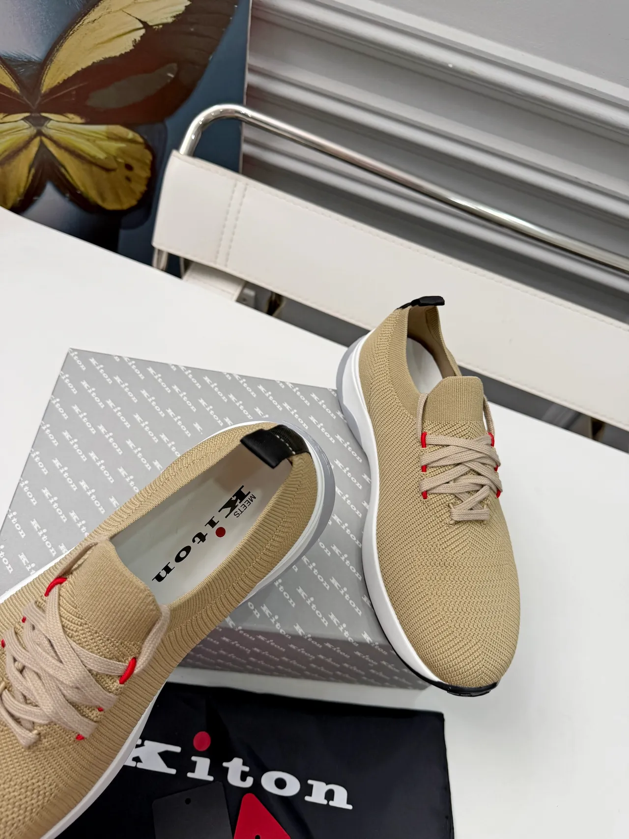 Kiton Beige Red Knit Upper Sock-Fit Collar Sneakers 3