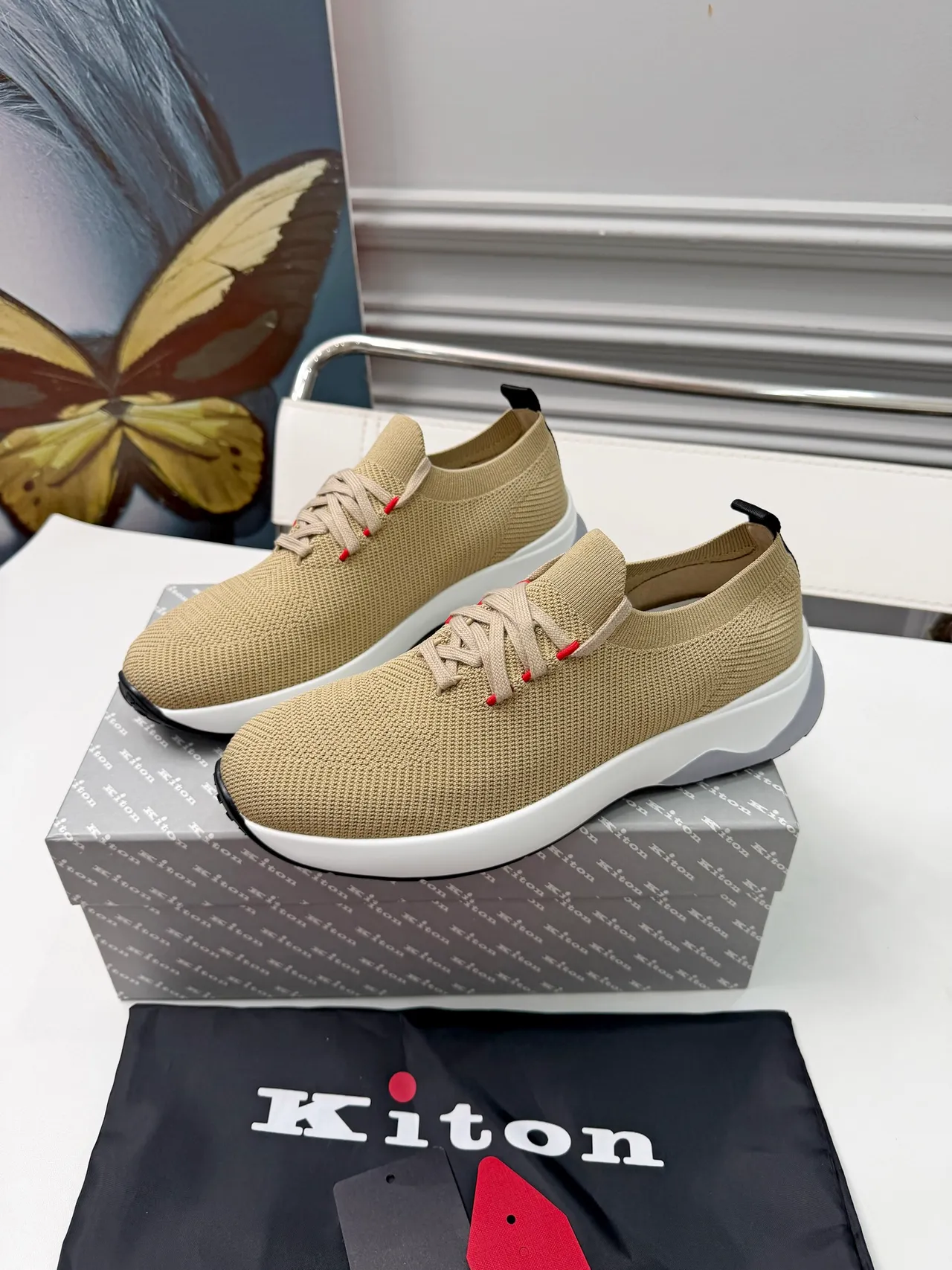 Kiton Beige Red Knit Upper Sock-Fit Collar Sneakers 5