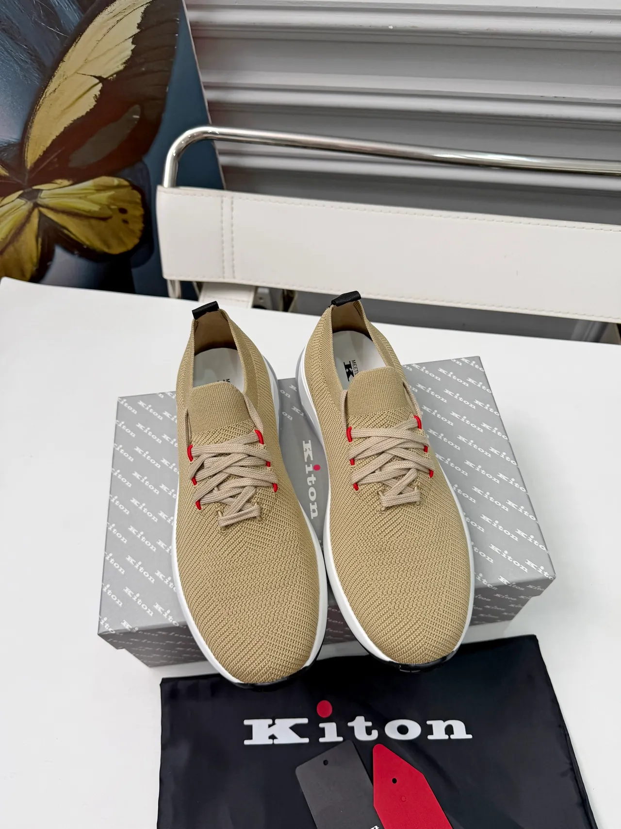 Kiton Beige Red Knit Upper Sock-Fit Collar Sneakers 6