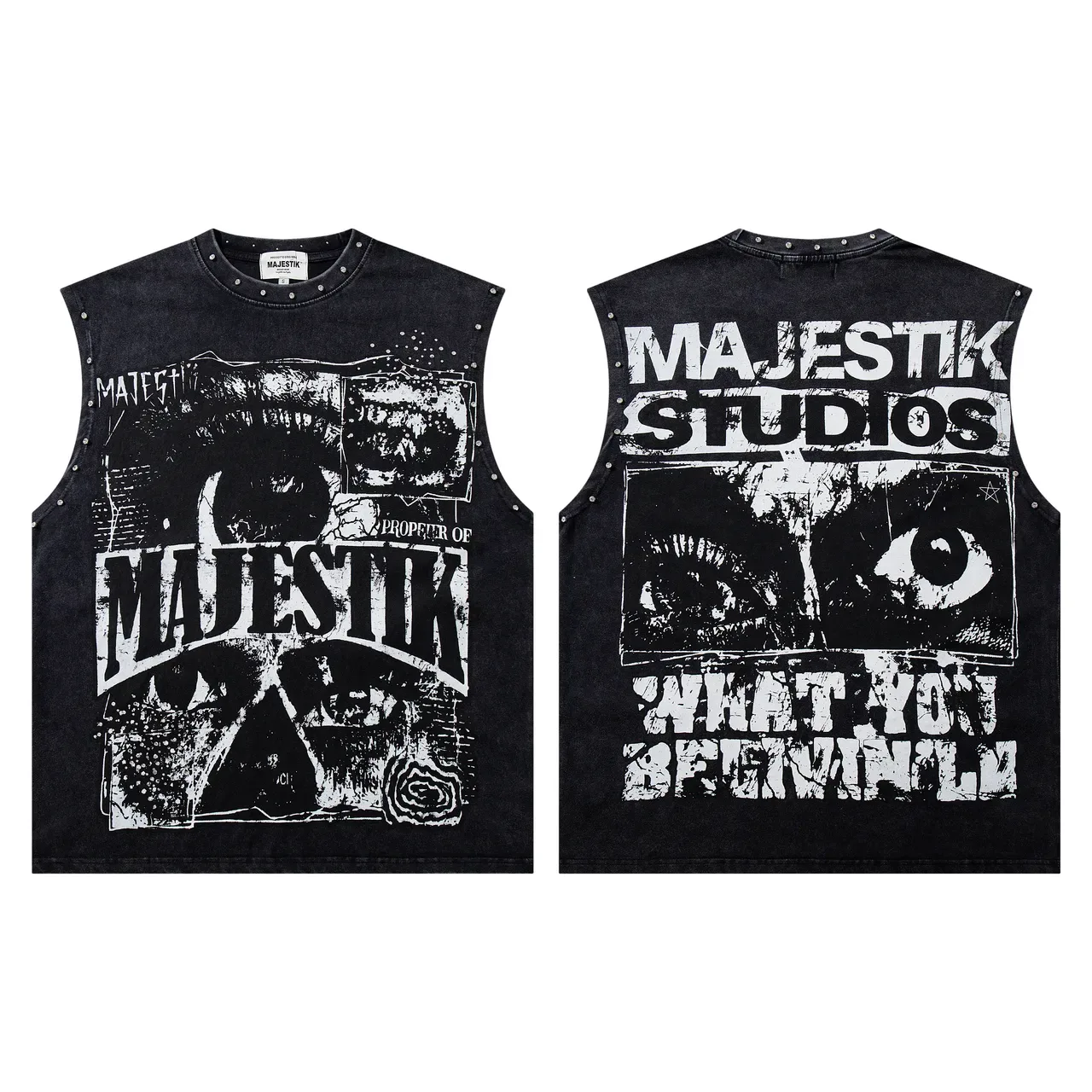 MAJESTIK Studded Screen-Printed Distressed Denim Vest Top 2