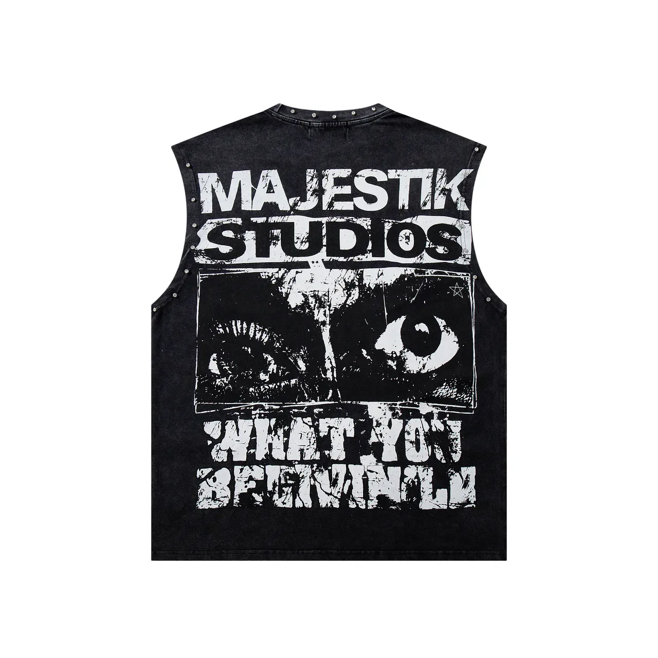 MAJESTIK Studded Screen-Printed Distressed Denim Vest Top 3