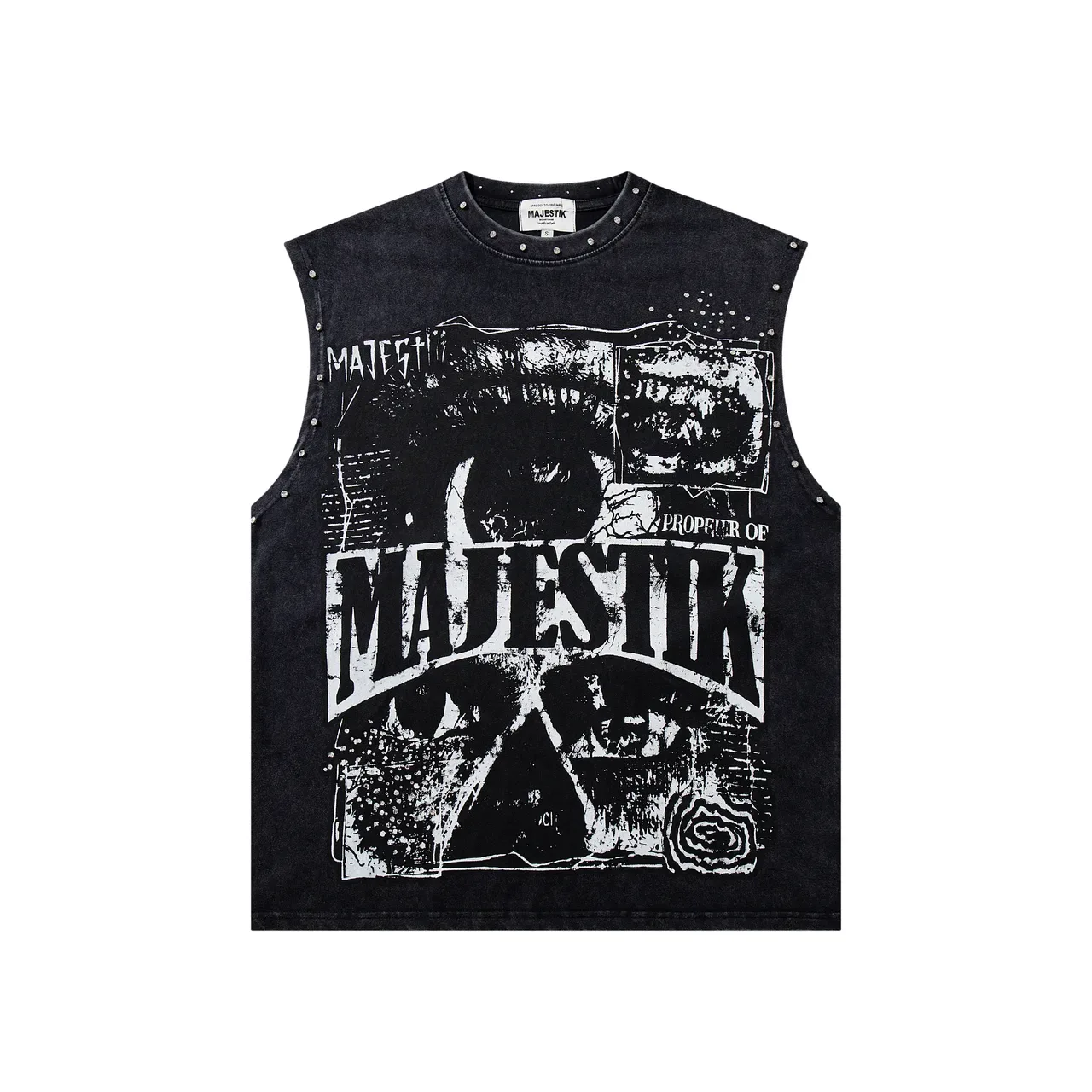 MAJESTIK Studded Screen-Printed Distressed Denim Vest Top 4