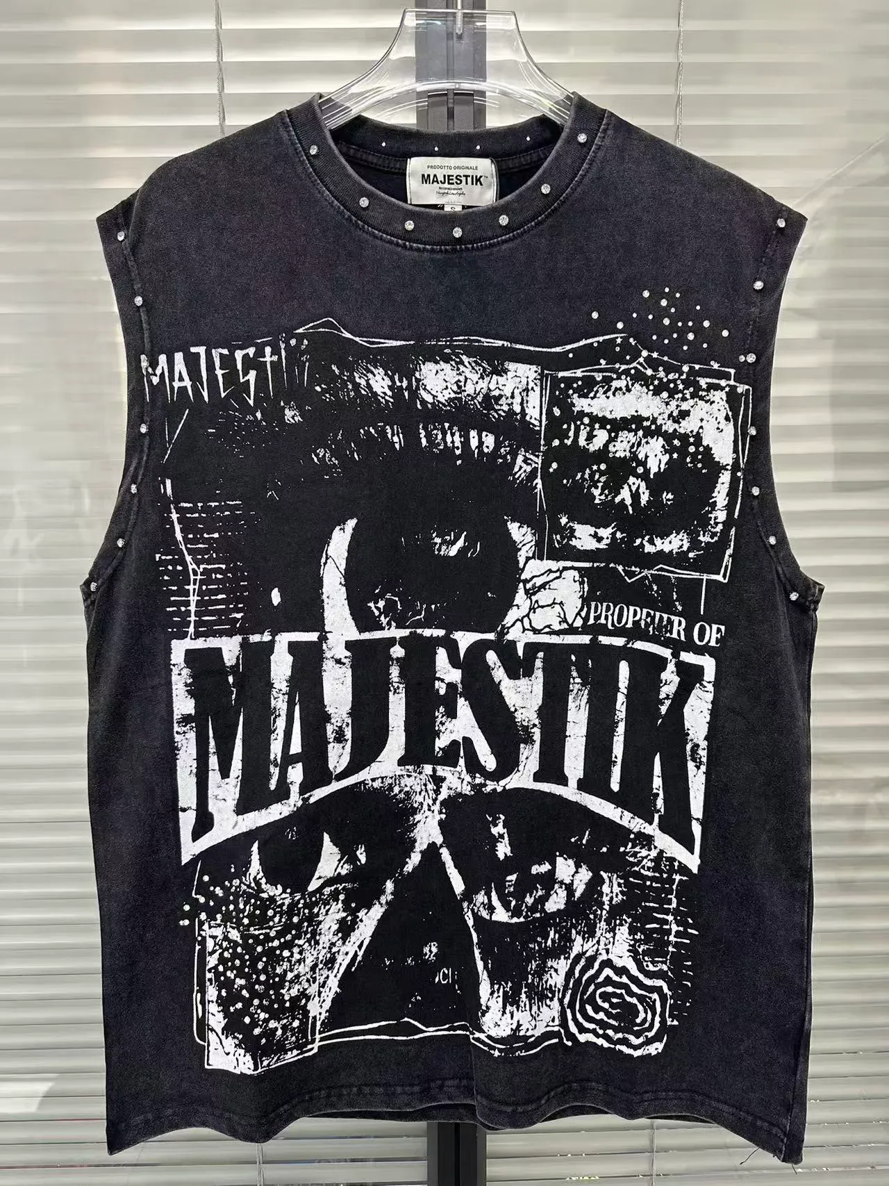 MAJESTIK Studded Screen-Printed Distressed Denim Vest Top 5