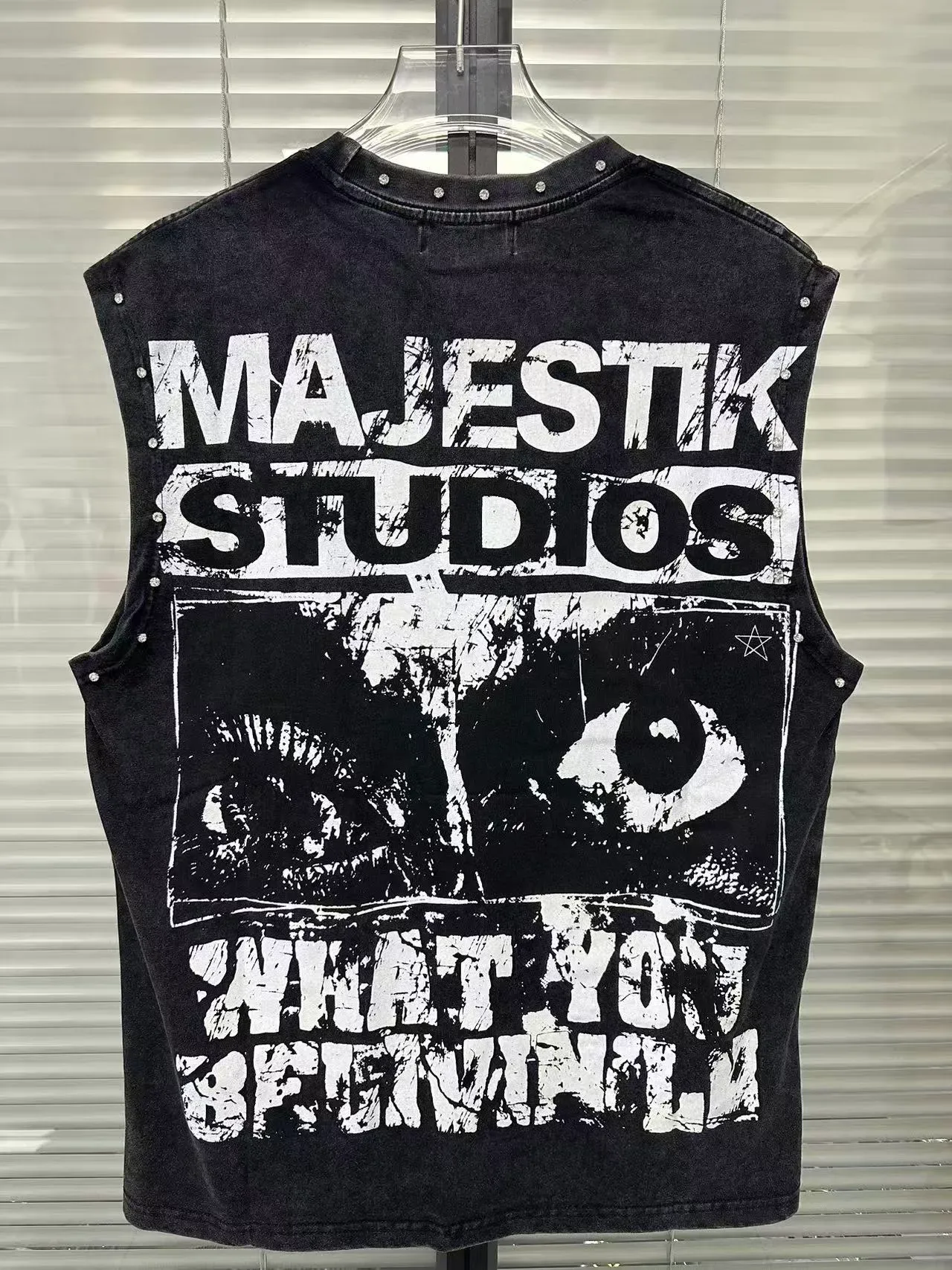 MAJESTIK Studded Screen-Printed Distressed Denim Vest Top 6