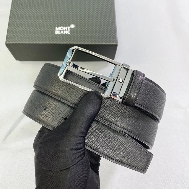 Montblanc Black Silver Reversible Textured Leather Belt 4