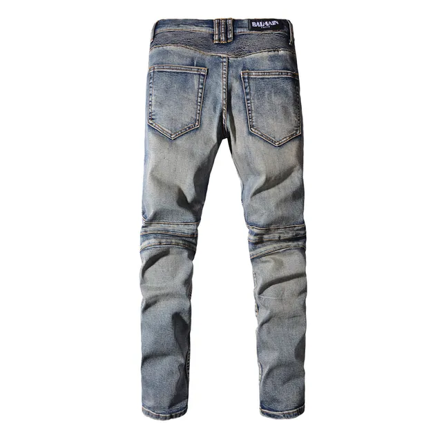 Jean Moto-Panelled déchiré lavé moyen bleu 15