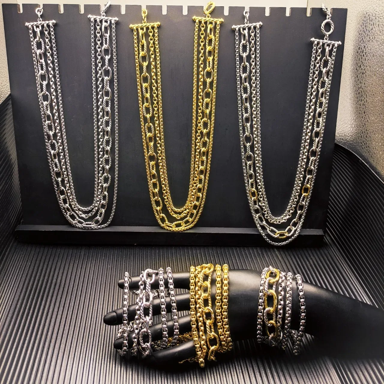 Multi-Strand Layered Chain Toggle Clasp Two-Tone Necklace 2