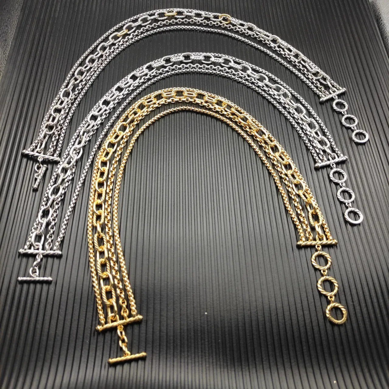 Multi-Strand Layered Chain Toggle Clasp Two-Tone Necklace 4