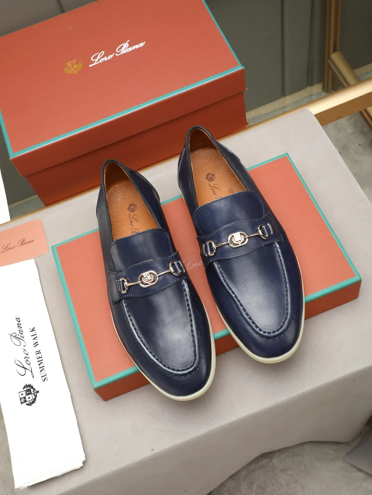 Navy Beige Leather Horsebit Buckle Loafer 2