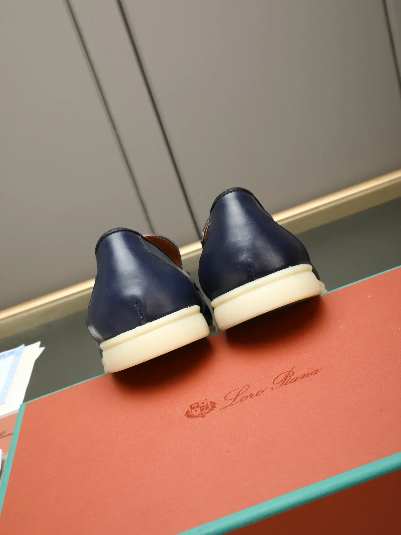 Navy Beige Leather Horsebit Buckle Loafer 3