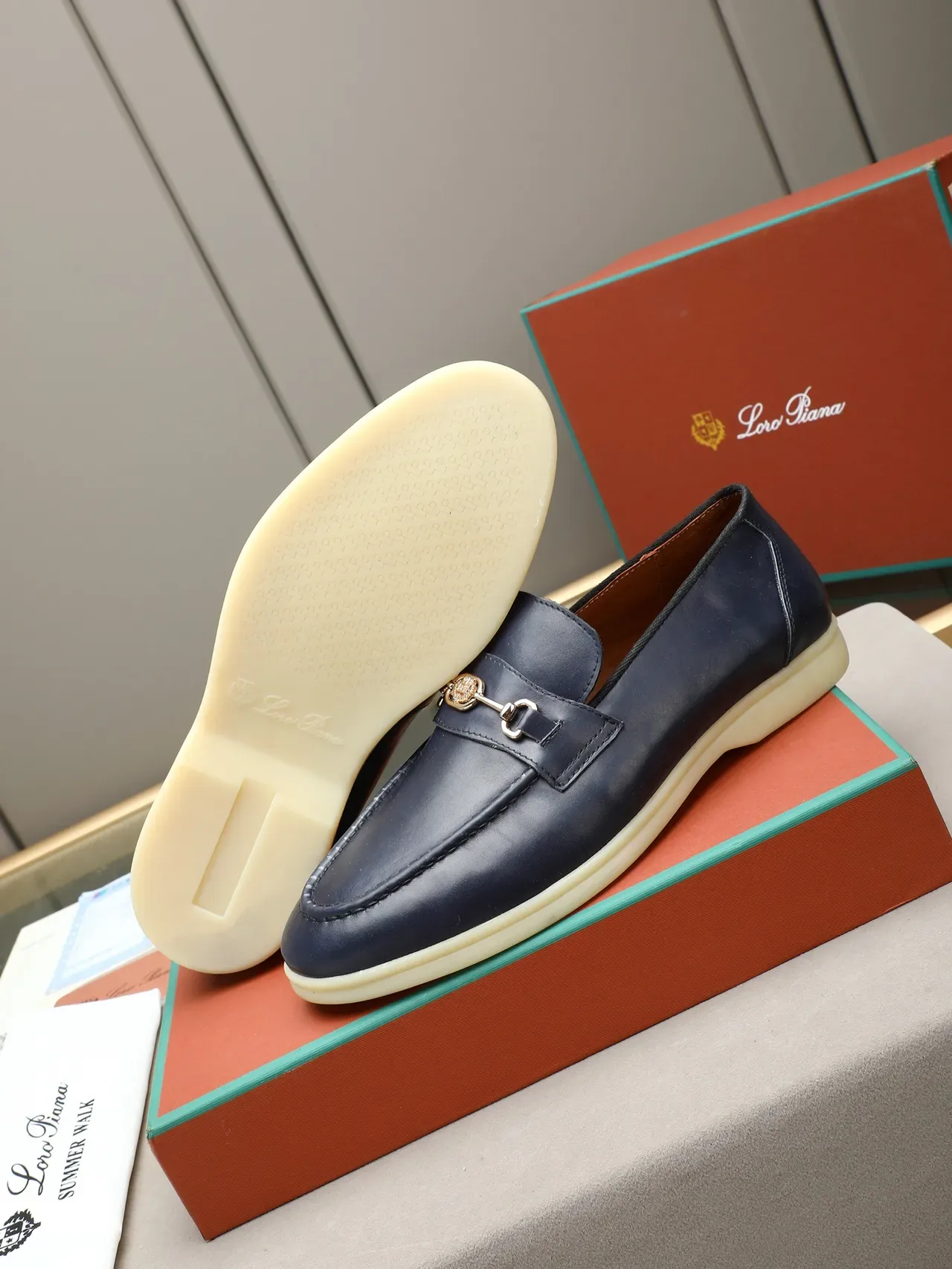 Navy Beige Leather Horsebit Buckle Loafer 4