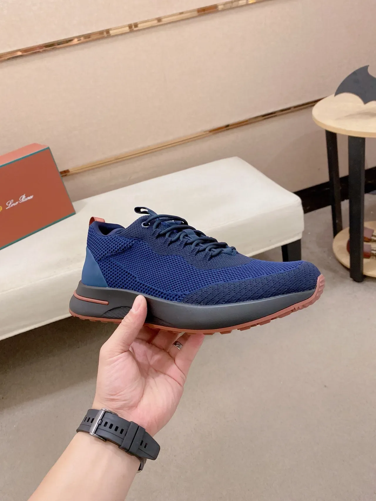 Navy Orange Knit Mesh Upper Sculpted Layered Midsole Sneakers 5