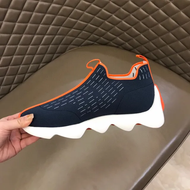 Navy Orange Knit Sock-Fit Upper Sculpted Wavy Midsole Lifestyle Sneakers 3