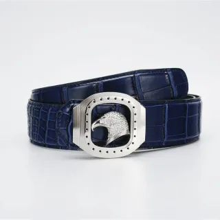 Navy Silver Crocodile-Embossed Eagle-Head Buckle Leather Belt