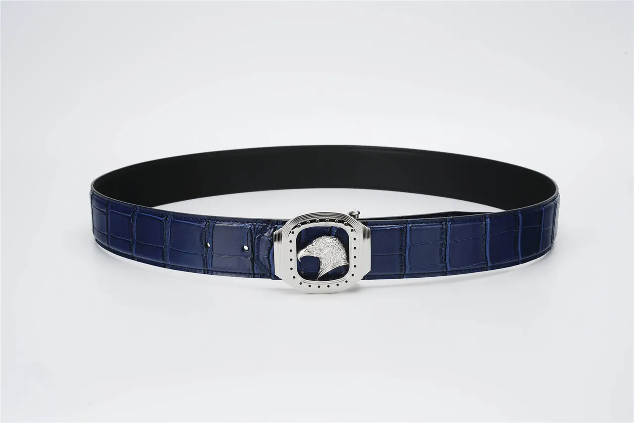 Navy Silver Crocodile-Embossed Eagle-Head Buckle Leather Belt 9