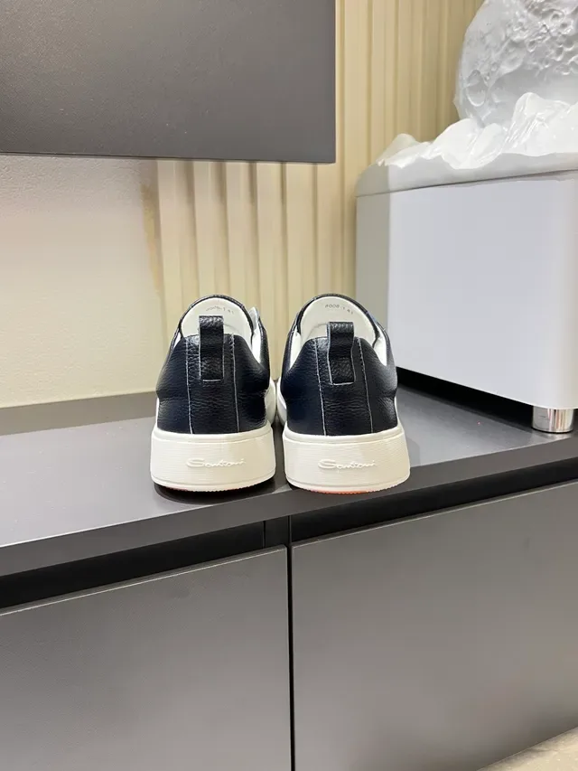 Navy White Leather Slip-On Gold Script Logo Sneakers 2