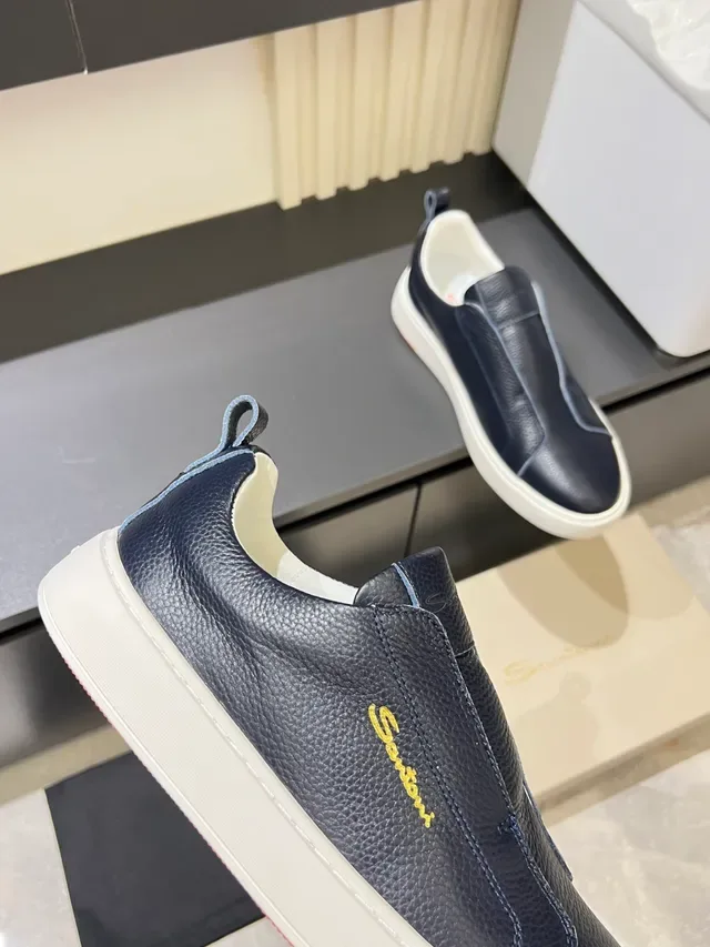 Navy White Leather Slip-On Gold Script Logo Sneakers 3