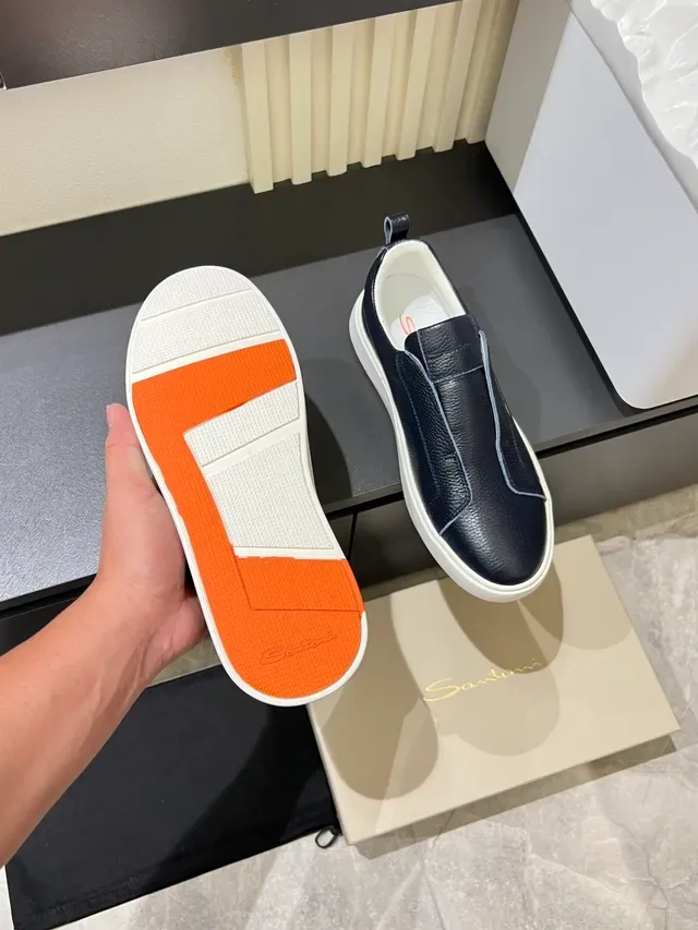 Navy White Leather Slip-On Gold Script Logo Sneakers 4